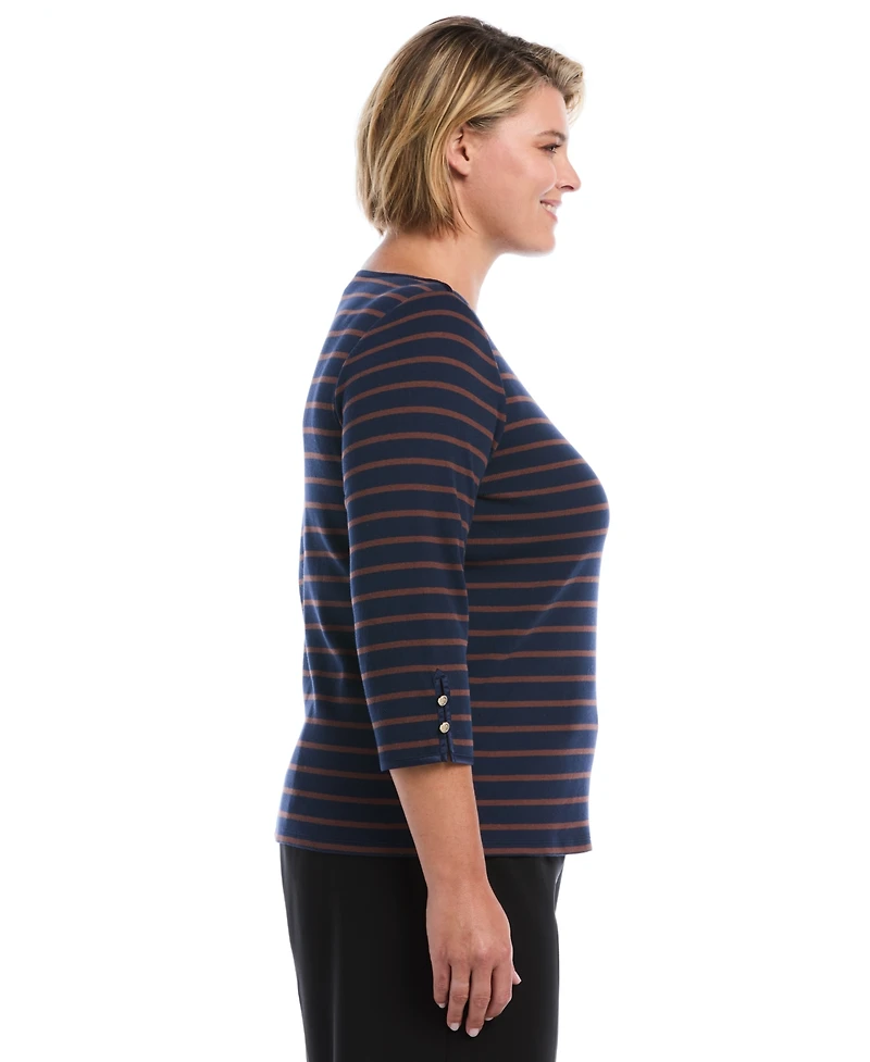Rafaella Plus Striped Boat Neck 3/4-Sleeve T-Shirt