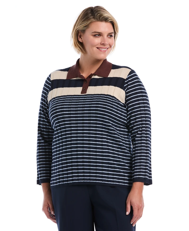 Rafaella Plus Striped Polo 3/4 Sleeve Sweater
