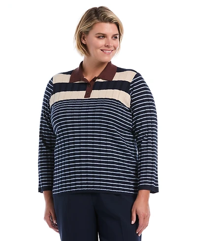 Rafaella Plus Striped Polo 3/4 Sleeve Sweater