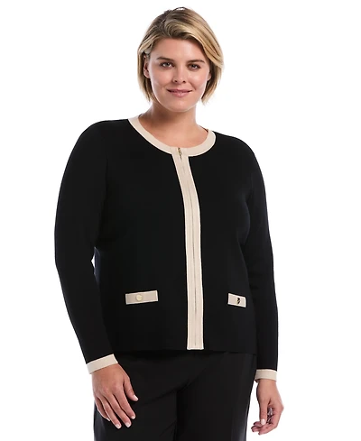 Rafaella Women's Plus Colorblock Full-Zip Fitted Cardigan