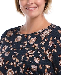 Rafaella Plus Floral-Print 3/4-Sleeve Cotton Blouse