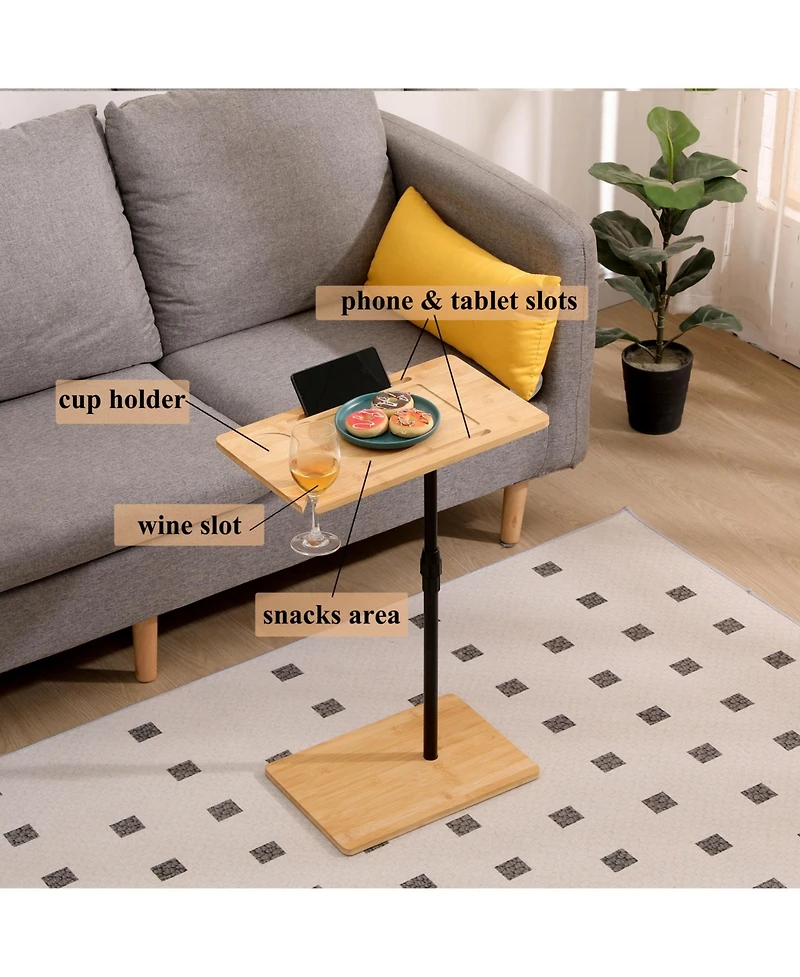 Flynama Height Adjustable Bamboo C-Shaped 2-Tier Side Table