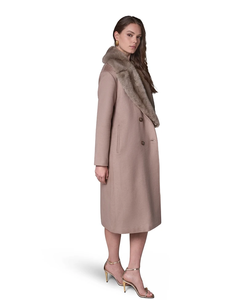 Donna Karan New York Women's Wool-Blend Faux-Fur-Collar Coat