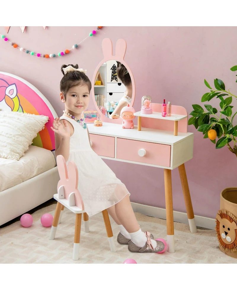 Gouun Kids Vanity Table and Chair Set with Storage Drawer and Rabbit Mirror
