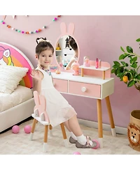 Gouun Kids Vanity Table and Chair Set with Storage Drawer and Rabbit Mirror