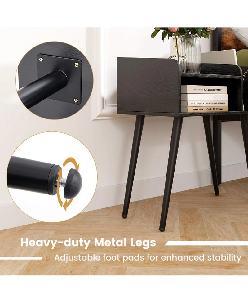Gouun Mid Century Modern Nightstand with Two-Tier Open Shelves and Side Shelf
