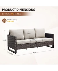 Pocassy Outdoor Patio Sofa, 3-Seat Wicker Couch with Thick Cushions, Deep Seating Furniture