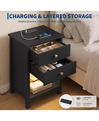 homfan 2 Set of Nightstand with Power Outlets | Open Storage and Led Light Strip, Modern Mid Century Bed Table Drawers,