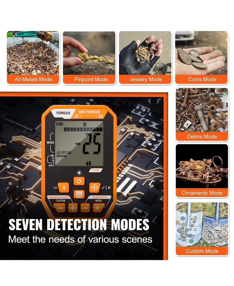 Sugift Waterproof Metal Detector with 12inches Coil Rechargeable 39-50 in Adjustable Lcd 7 Modes IP68