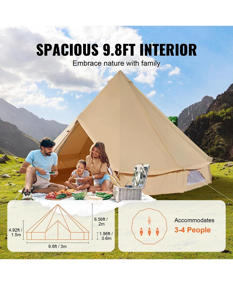 Sugift 4 Seasons 3 m 9.8feet Canvas Bell Tent with Stove Jack Breathable Yurt Tent for 4 People