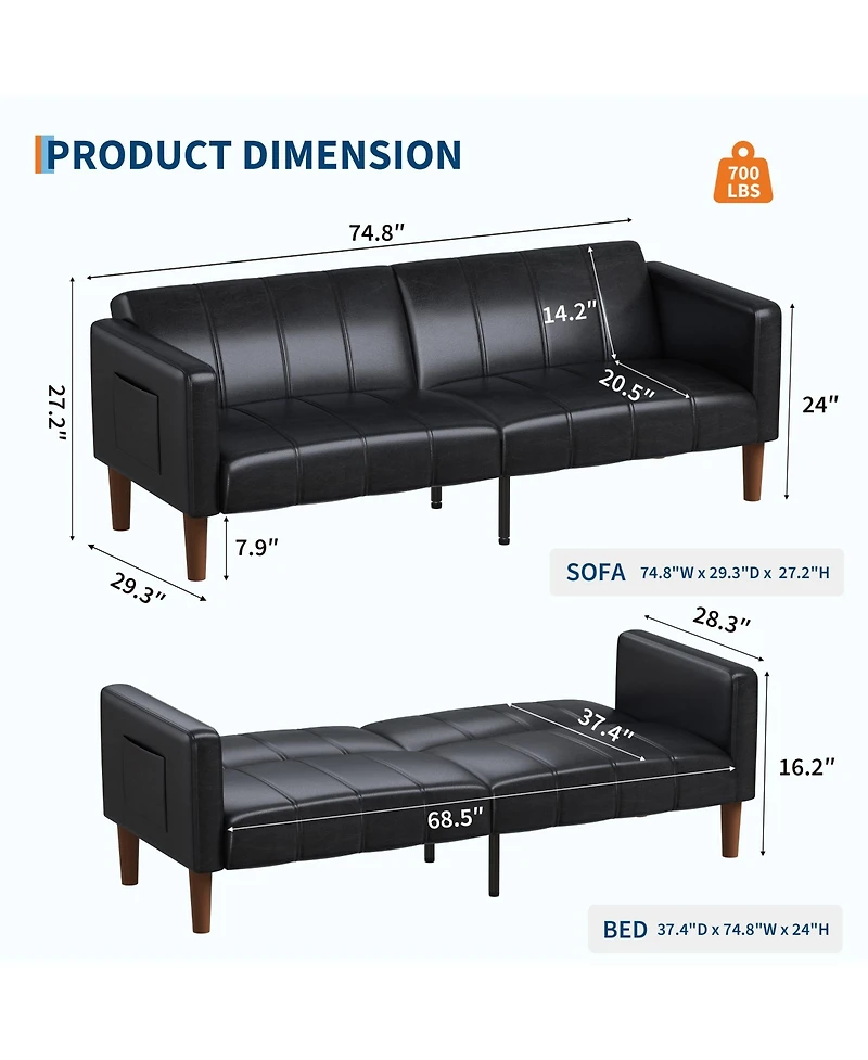 homfan 3-Mode Convertible Faux Leather Loveseat, Adjustable Backrest Futon Sofa Bed with Side Pockets, Mid-Century Furniture for Small Indoor Spaces