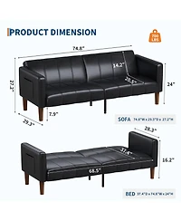 homfan 3-Mode Convertible Faux Leather Loveseat, Adjustable Backrest Futon Sofa Bed with Side Pockets, Mid-Century Furniture for Small Indoor Spaces