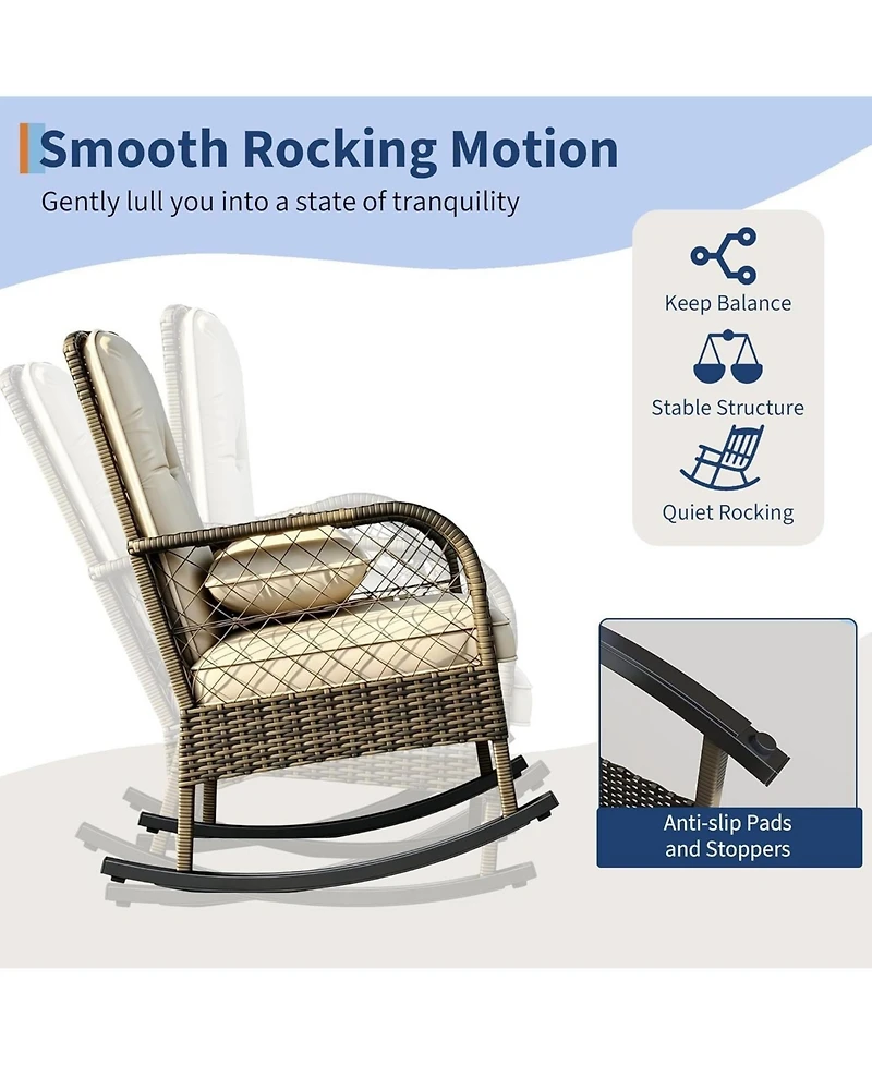 homfan Outdoor Wicker Rocking Chair, High-Back, Thick Cushion, Steel Frame, Ergonomic High-Back Comfort, Handwoven Rattan for Garden, Porch, Deck
