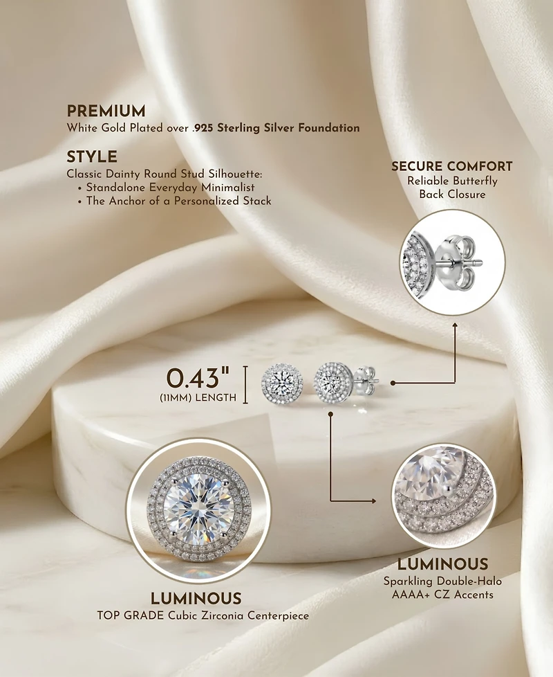 Cubic Zirconia Sterling Silver round Haloed Stud Earrings