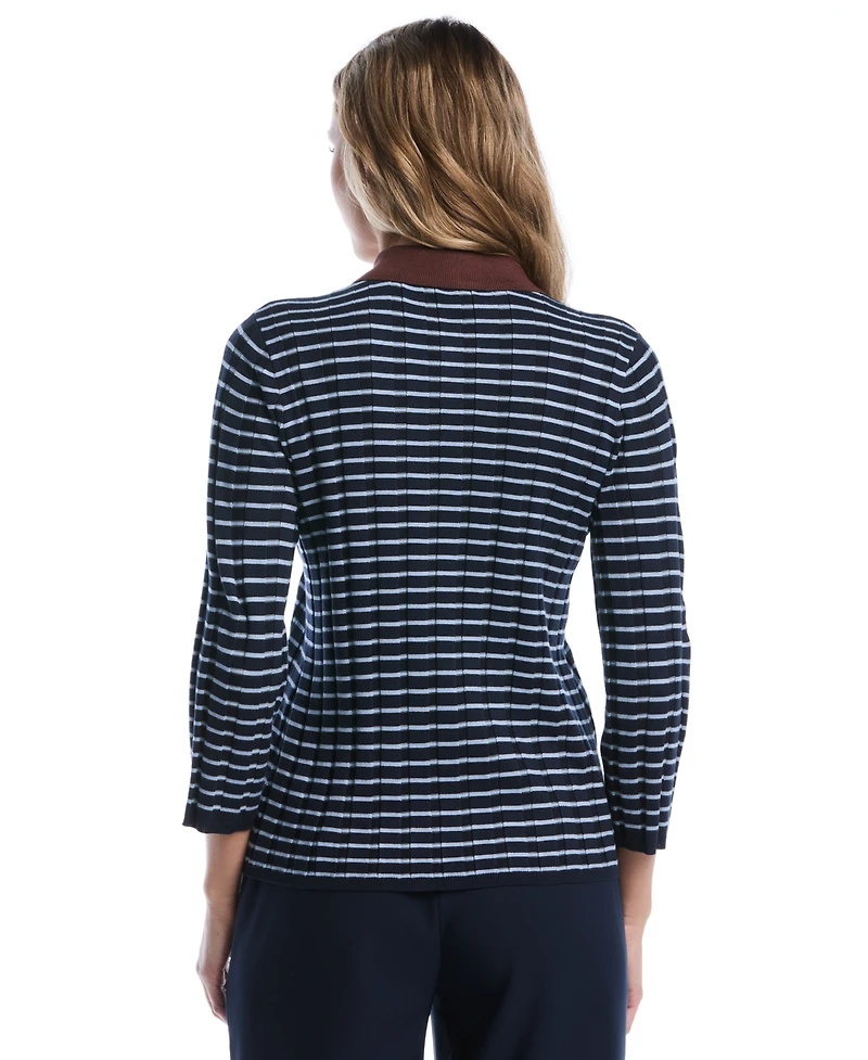Rafaella Petite Striped Polo 3/4-Sleeve Sweater