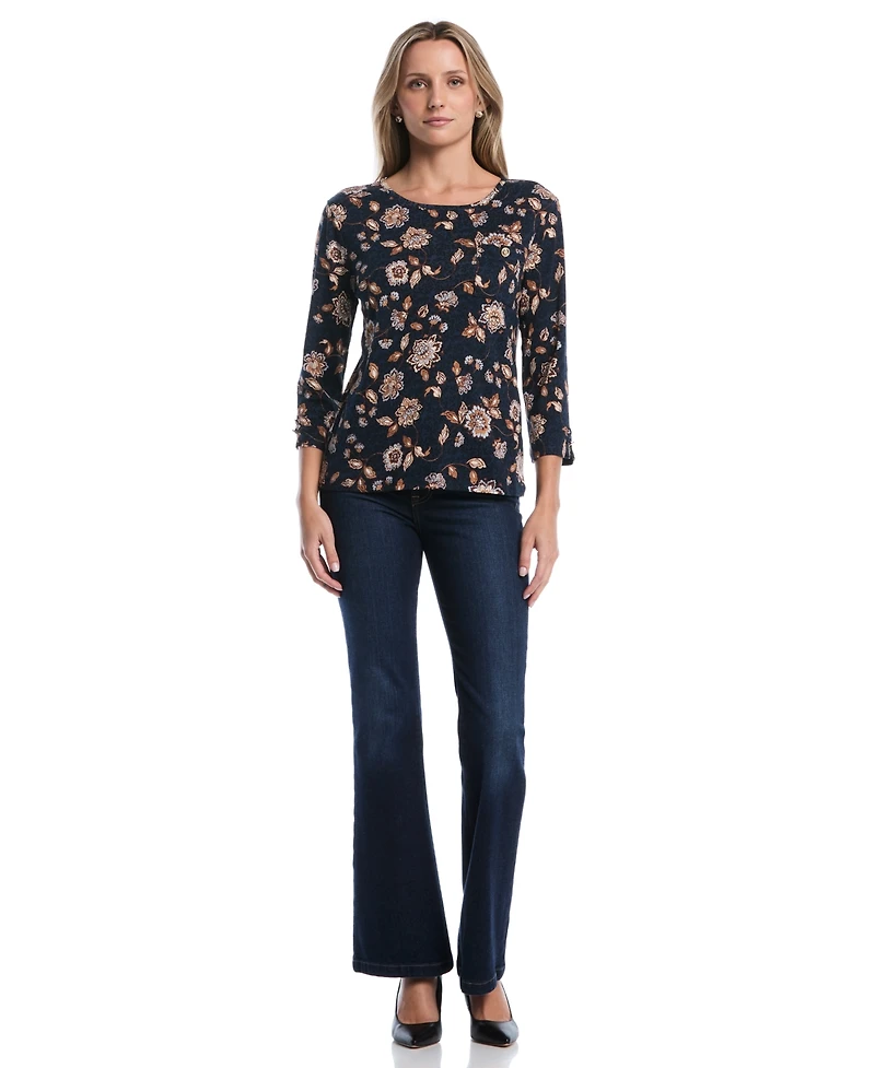 Rafaella Women's Petite Floral 3/4-Sleeve Rib-Knit T-Shirt