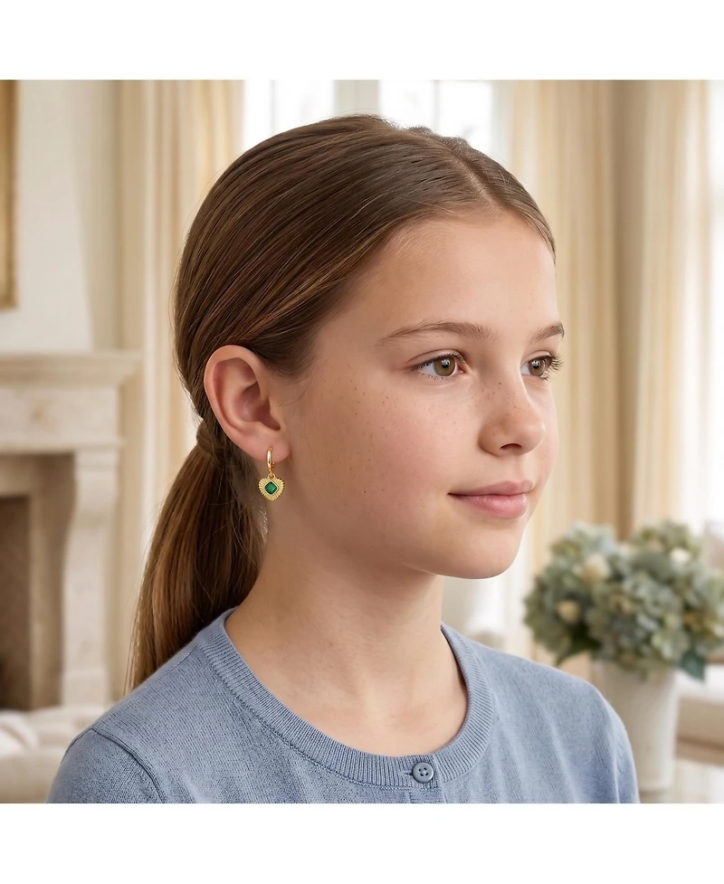 GiGiGirl Teens Sterling Silver 14k Gold Plated with Green Cubic Zirconias Dangle Heart Huggie Hoop Earrings