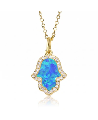 Rachel Glauber 14K Gold Plated Sparkling Hamsa Opal and Cz Halo Necklace