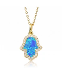 Rachel Glauber 14K Gold Plated Sparkling Hamsa Opal and Cz Halo Necklace