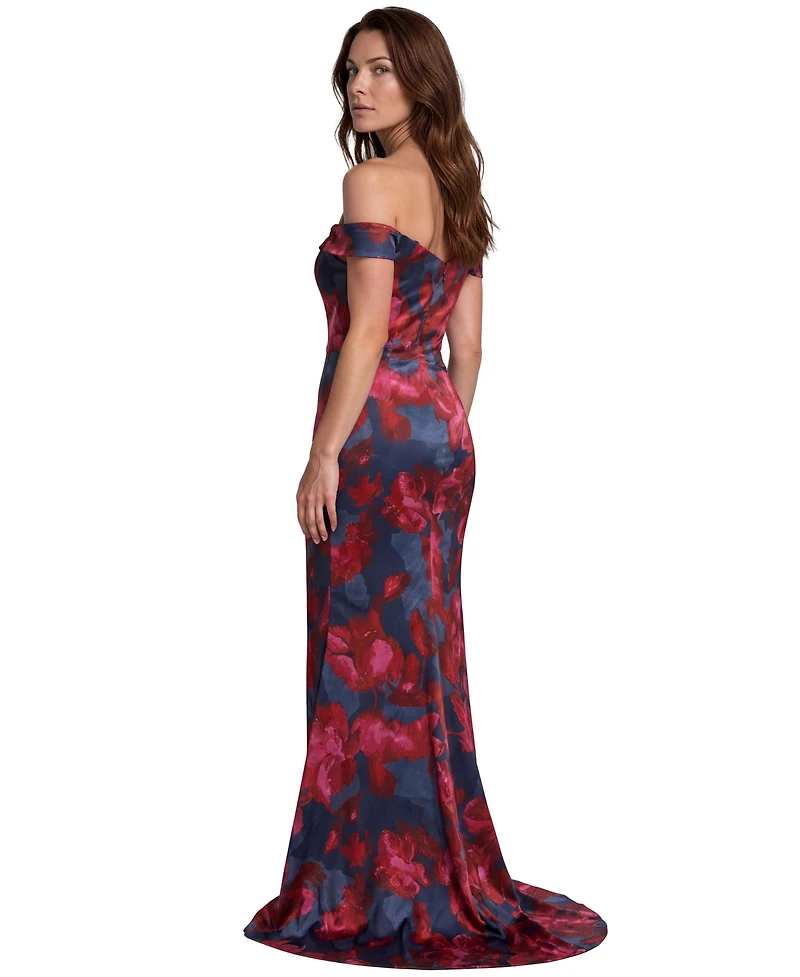 Rene Ruiz Occasion Women's Off The Shoulder Printed Scuba Fit and Flare Gown