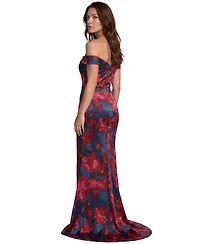Rene Ruiz Occasion Women's Off The Shoulder Printed Scuba Fit and Flare Gown