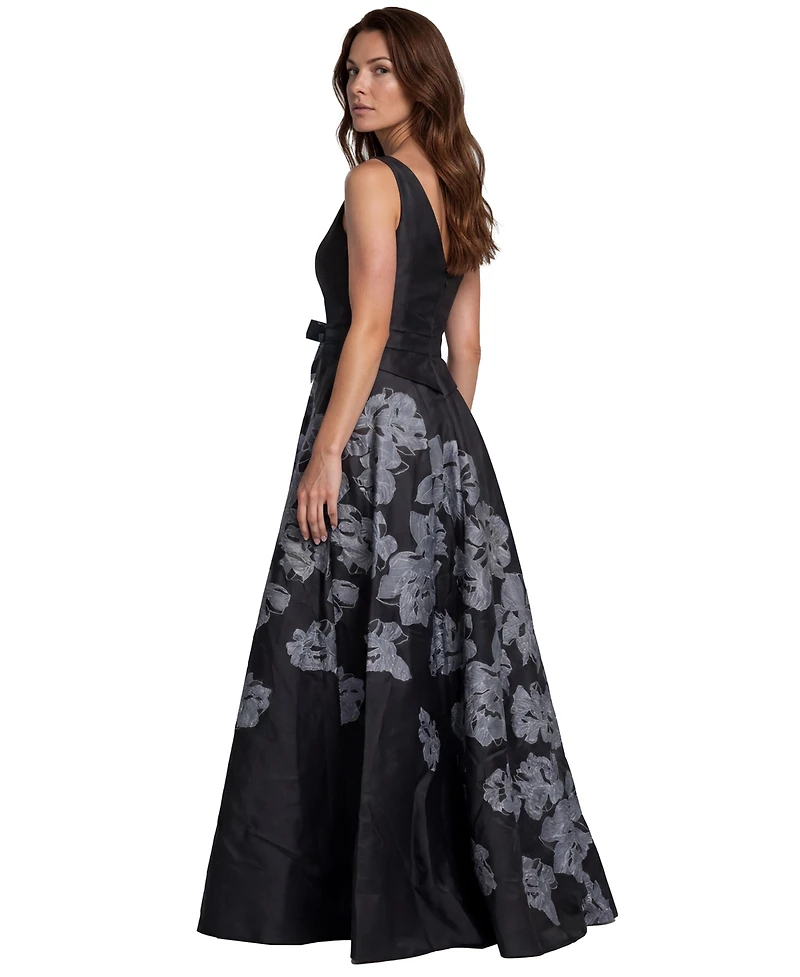Rene Ruiz Occasion Women's One Shoulder Floral Border Print Mikado A-Line Gown
