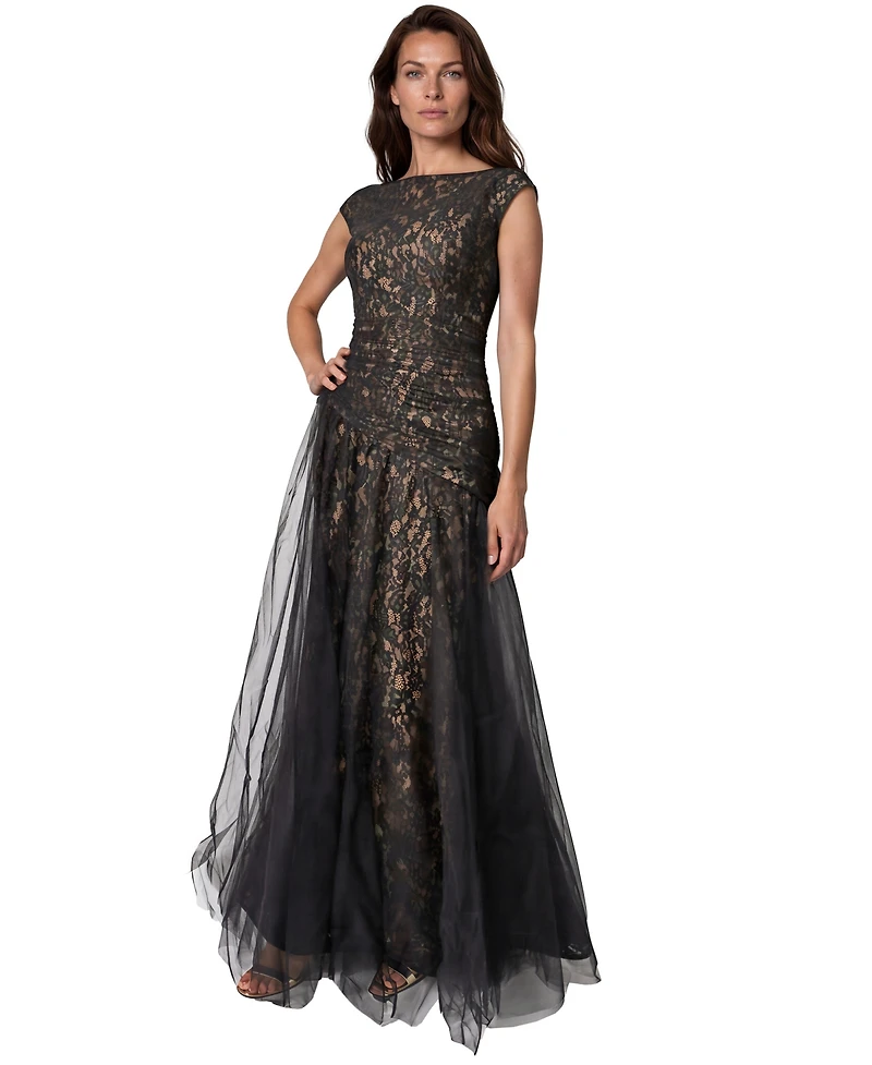 Rene Ruiz Occasion Women's Bateau Neck Lace tulle A-Line Gown