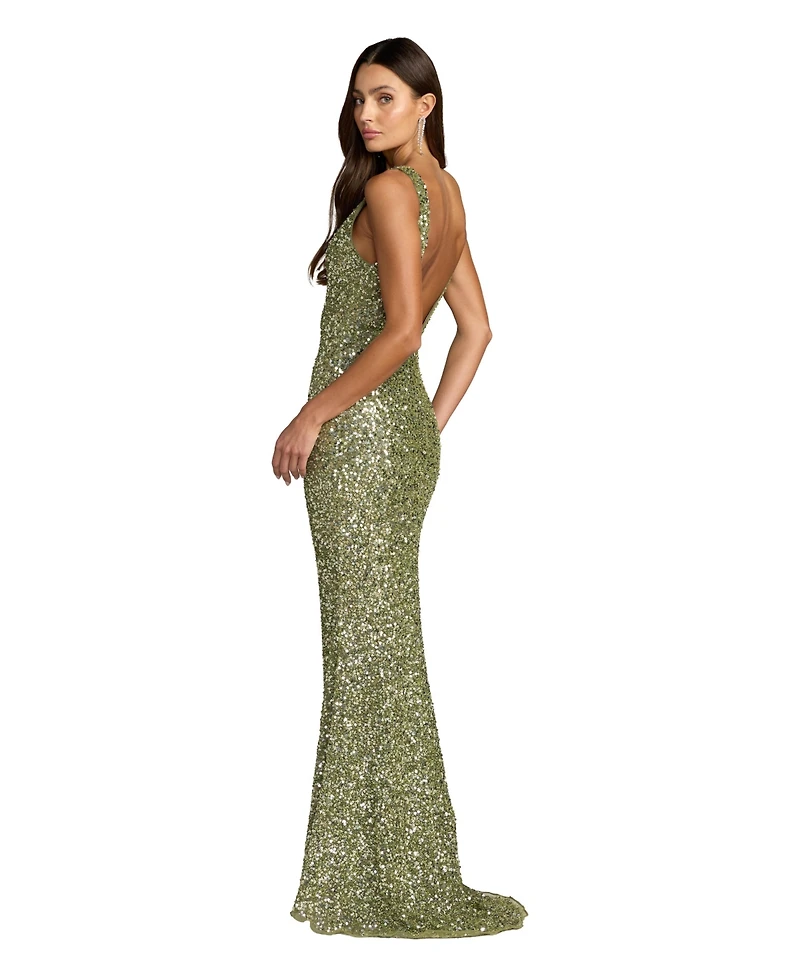 Mac Duggal Women's High Neck Sequin Column Gown with Open Back