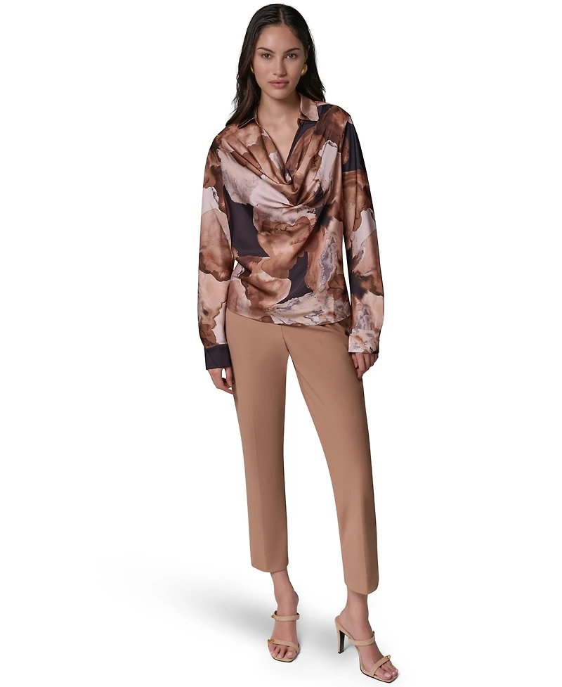 Donna Karan New York Women's Petite Print Long-Sleeve Cowl Neck Blouse