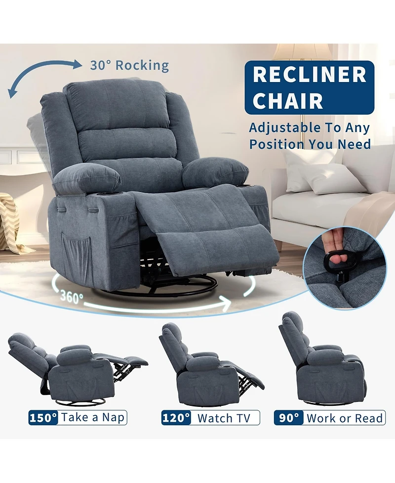 homfan Rocking Recliner for Adults Oversized 360degree(s) Swivel Manual Chair | Breathable Linen with Cup Holder Side Pockets