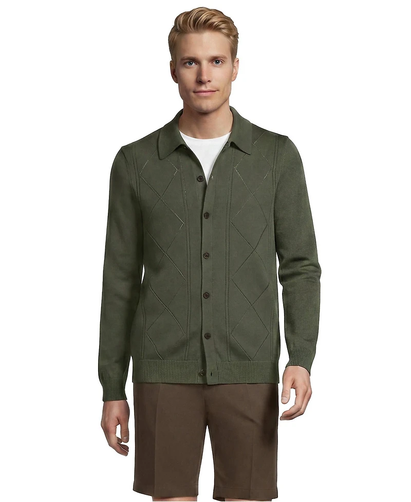 Lands' End Men's Long Sleeve Fine Gauge Cotton Pointelle Argyle Cardigan