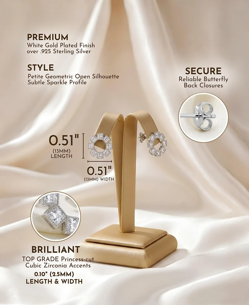 Gv Sterling Silver White Gold Plated Eight Stone Clear Princess Cubic Zirconia Bezel Earrings