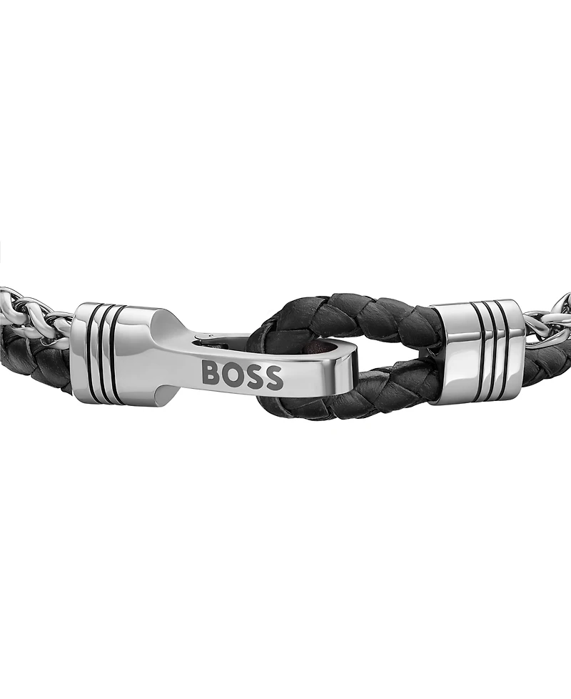 Hugo Boss Men's Jaxon Stainless Steel Black Leather Bracelet