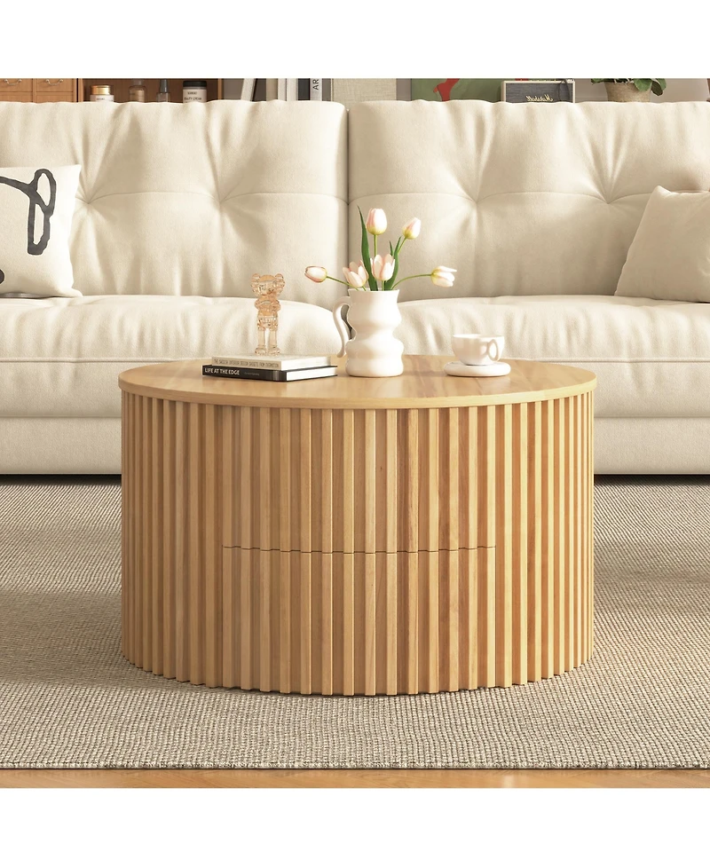 Flynama Round Lift Top Coffee Table Storage Fluted Wood Mdf Solid Wood Living Room Table
