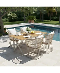 Asagikoiai 5-Piece Outdoor Dining Set, Wood Table and 4 Woven Rope Chairs with Steel Frame