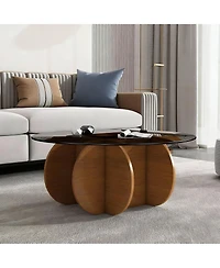Flynama 31.5 Inch Round Walnut Coffee Table, Mid Century Modern Tempered Glass Top Center Table for Living Room