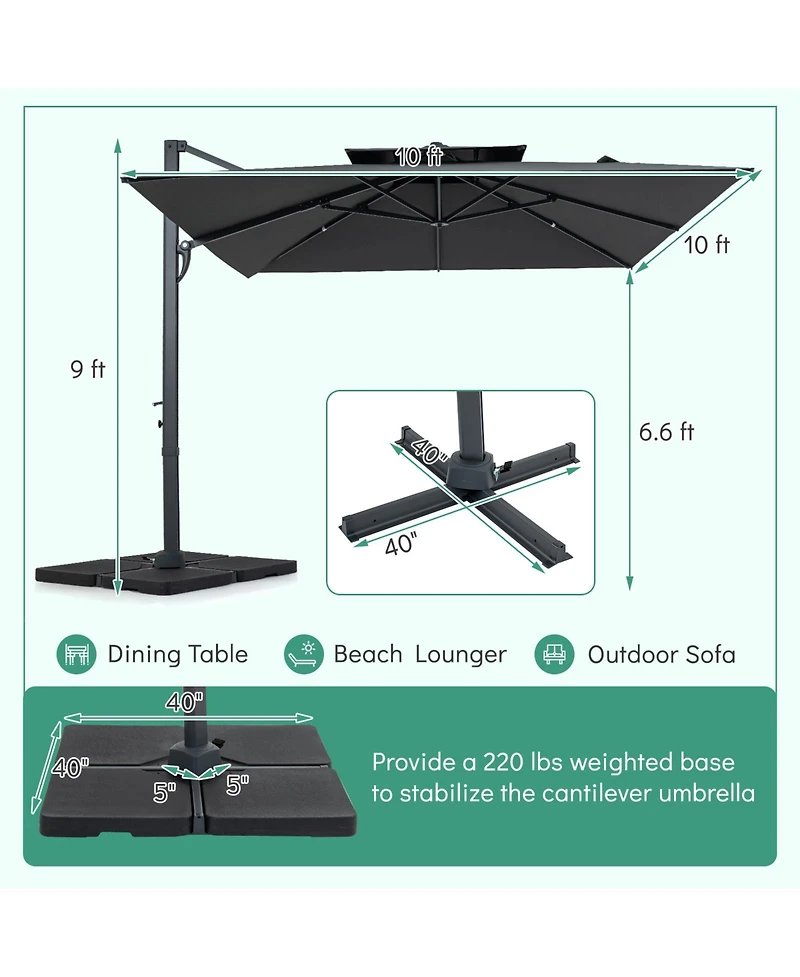 Gymax Cantilever Umbrella With 220 Lbs BaseLarge Offset Hanging Umbrella With 360-Degree Rotation
