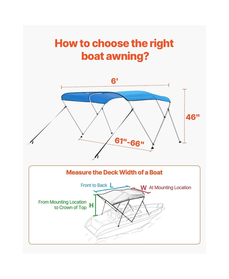 Sugift 3 Bow Boat Bimini Top 600D Polyester Canopy Aluminum Frame 6Lx61in-66inW x46inH