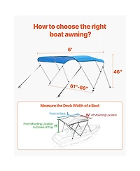 Sugift 3 Bow Boat Bimini Top 600D Polyester Canopy Aluminum Frame 6Lx61in-66inW x46inH