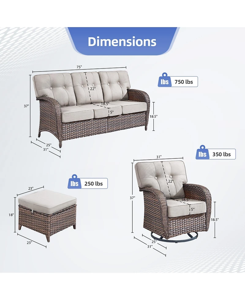 Pocassy 5Piece Patio Furniture Set, Outdoor Wicker Sofa Couch, Swivel Rocking Chairs, Ottomans, 5in Thick Cushions, All-Weather Conversation Set