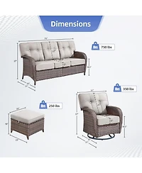 Pocassy 5Piece Patio Furniture Set, Outdoor Wicker Sofa Couch, Swivel Rocking Chairs, Ottomans, 5in Thick Cushions, All-Weather Conversation Set