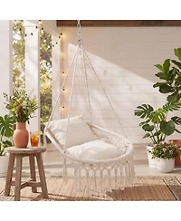 Costway Macrame Swing Chair with 2 Removable Cushions, Enduring Polyester Cotton Ropes