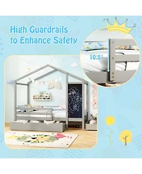 Sugift Kids Twin House Bed with 2 Drawers Solid Wood Bed with Blackboard