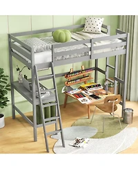 Sugift Twin Loft Bed Frame with Built-In Desk and Angled Ladder