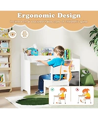 Sugift Kids House-Shaped Study Desk and Chair Set with Storage Shelves and Fabric Bin