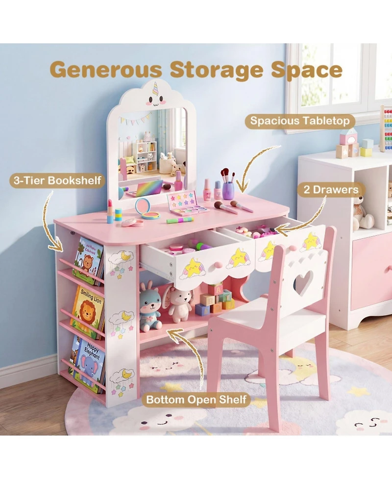 Sugift Kids Vanity Makeup Table and Chair Set with Side Bookshelf and 2 Storage Drawers