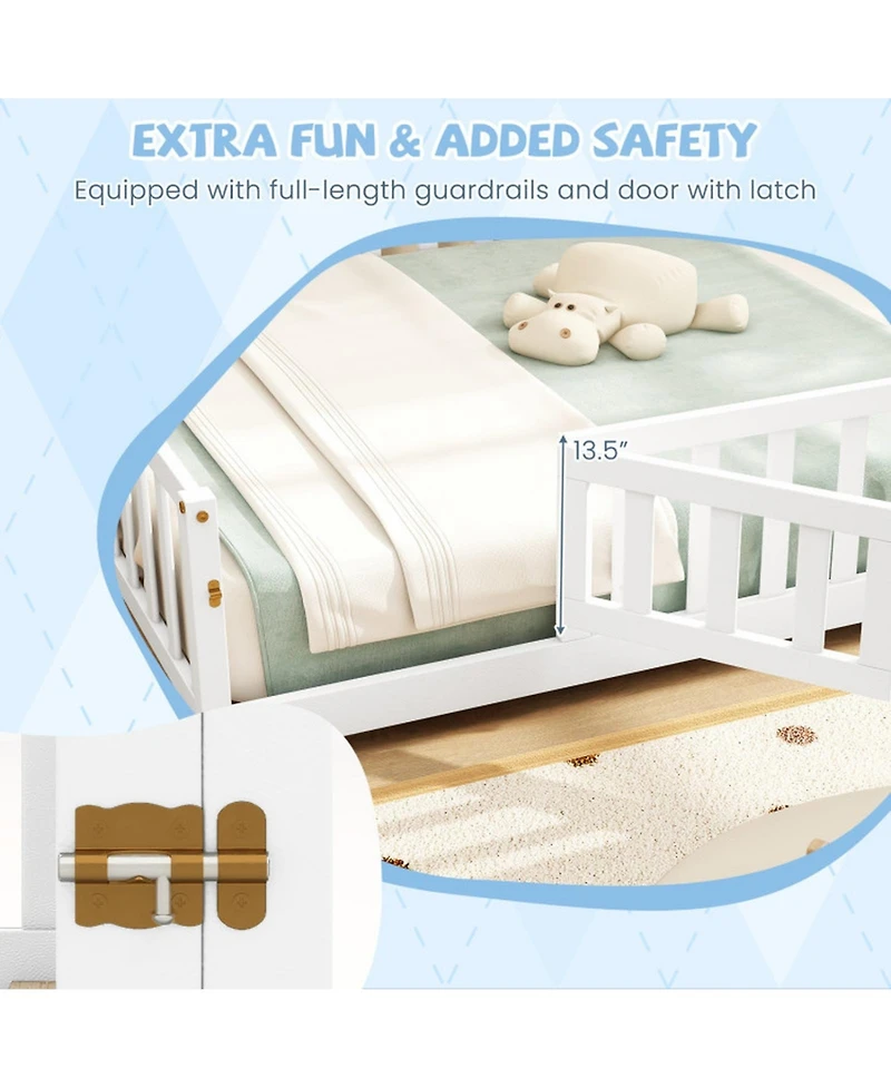 Sugift Full Size Montessori Bed Frame with Full-Length Guardrails Safety Door and Latch