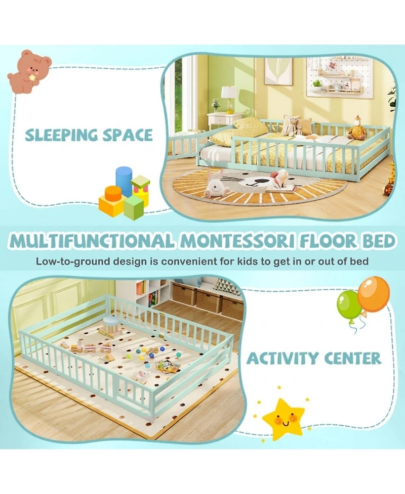 Sugift Queen Size Kids Montessori Floor Bed Frame with Full Length Safety Guardrails