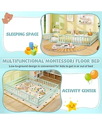 Sugift Queen Size Kids Montessori Floor Bed Frame with Full Length Safety Guardrails