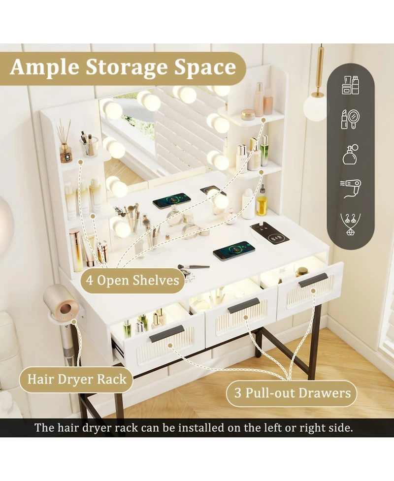 Sugift Makeup Vanity Desk with 10-Bulb Hollywood Mirror Charging Station and Padded Stool